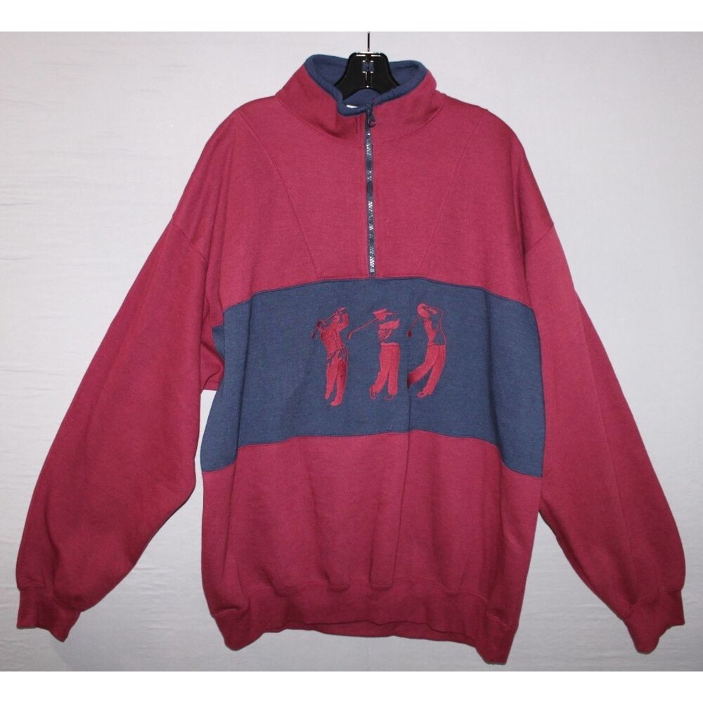 Bugle Boy Golf Polo Sweater Mens XL Blue Burgundy Long Sleeve Collared Vintage